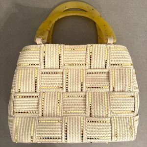 Vintage M&G Bertini Woven Tote Handbag Lucite Handle made in Italy